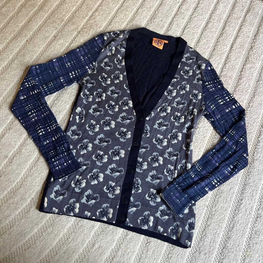 Tory Burch Cardigan size Large Blue Floral Stripe 100% Wool Preppy Retro Casual